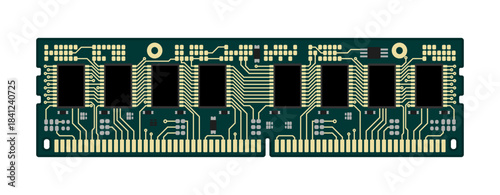 Computer memory RAM module with microchips and circuit details without background.