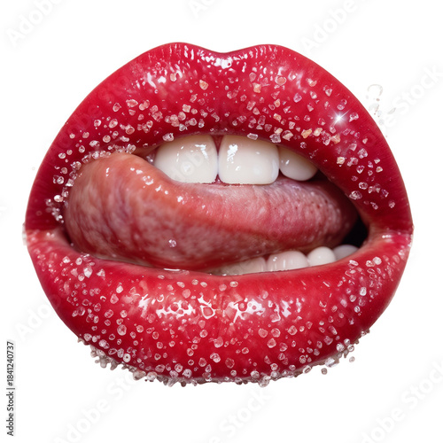 Glossy red lips with sugar texture macro close-up