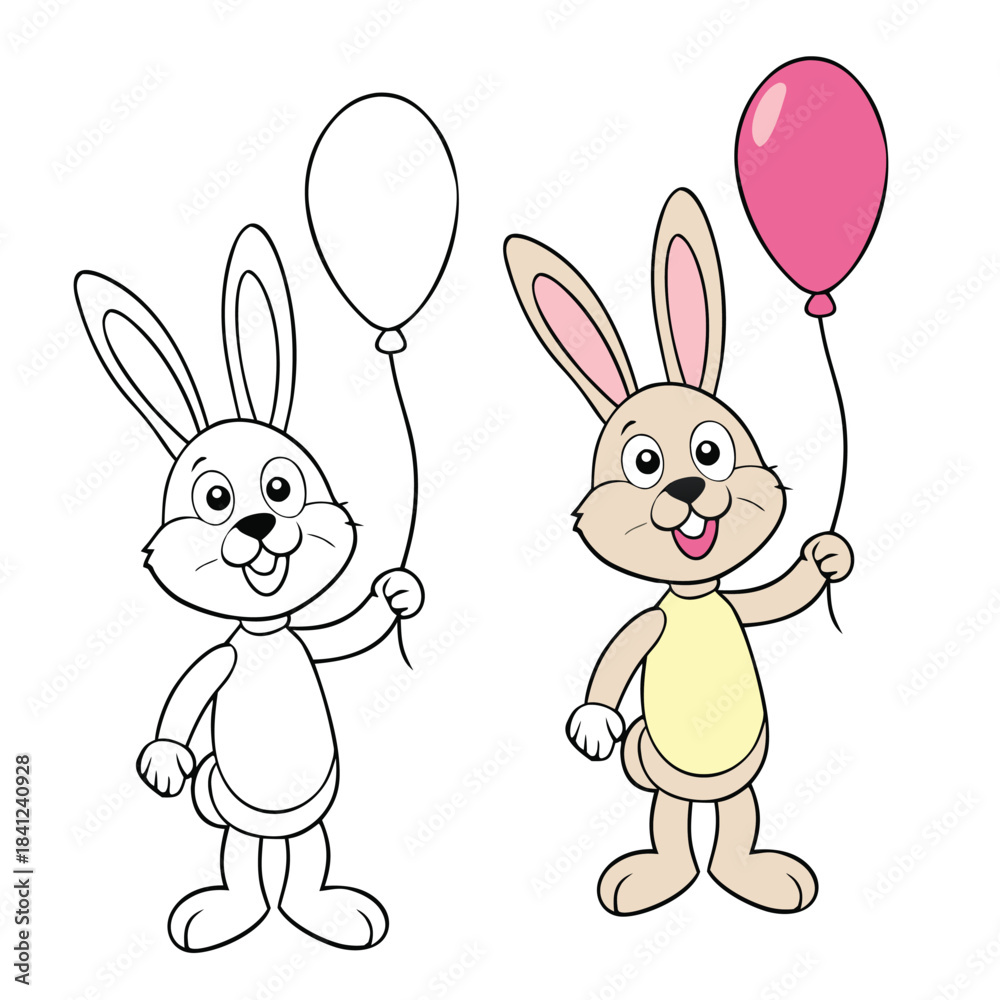 Obraz premium A cute little rabbit holds a pink balloon, standing happily with a sweet smile. Simple outlines and charming details make this coloring page perfect for kids and creativity.