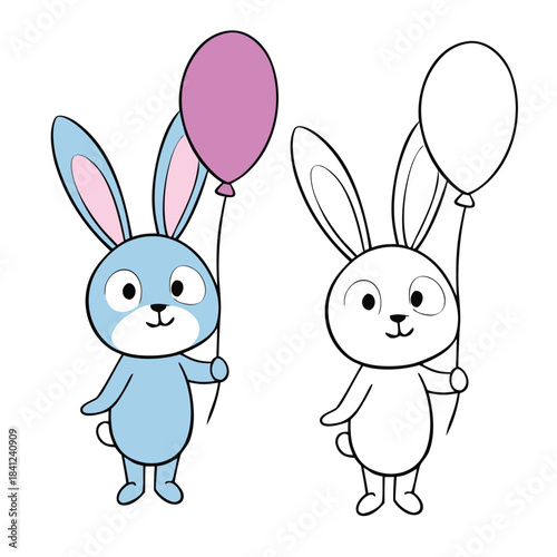 A cute little rabbit holds a pink balloon, standing happily with a sweet smile. Simple outlines and charming details make this coloring page perfect for kids and creativity.
