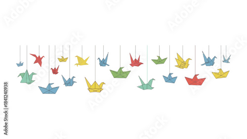 Floating Origami Wonders: A collection of meticulously crafted origami figures, including birds and boats, gracefully suspended, creating a visual display of artistry and imagination.