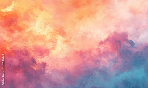 Abstract painting with dynamic strokes of bold orange, pink, and blue hues blending seamlessly on a textured canvas