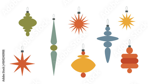 Festive Ornaments Array: A delightful assortment of retro ornaments in varied shapes and colors, ready to adorn the Christmas tree, creating a whimsical and joyful atmosphere.