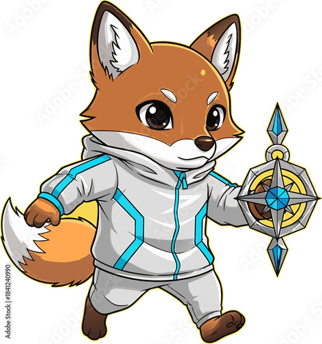Futuristic Fox Mascot Holding a Compass Symbol