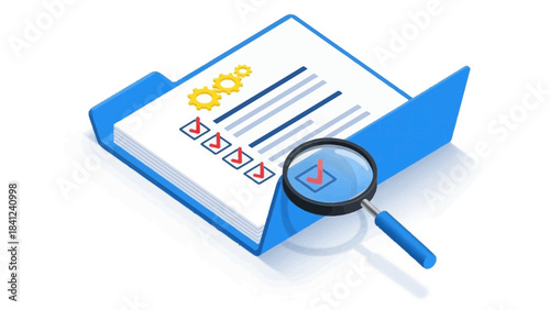 Isometric checklist review with magnifying glass and gears symbolizing process optimization
