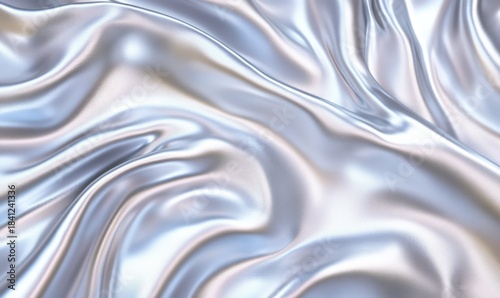 Abstract pattern of rippling metallic waves in a silver tone, soft diffused light enhancing reflections, clean and futuristic design, sharp and bold,
