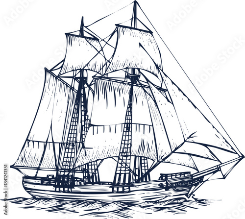 Old sailing ship with full sails on wavy water in a sketch style sailboat boat