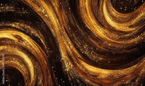 Abstract pattern of golden glitter swirling on a black background, high contrast creating a luxurious and festive vibe