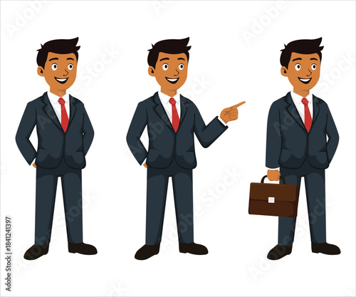Illustration of a male businessman character shown in three different poses. Suitable for presentations, marketing materials, educational content, and various professional design projects that require