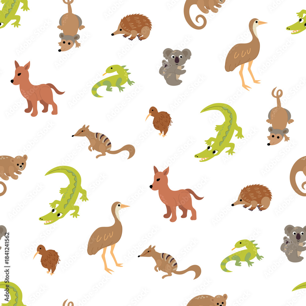 Obraz premium Australian Animals Seamless Pattern Illustration. Emo, crocodile, echidna, kiwi, dingo, monitor lizard