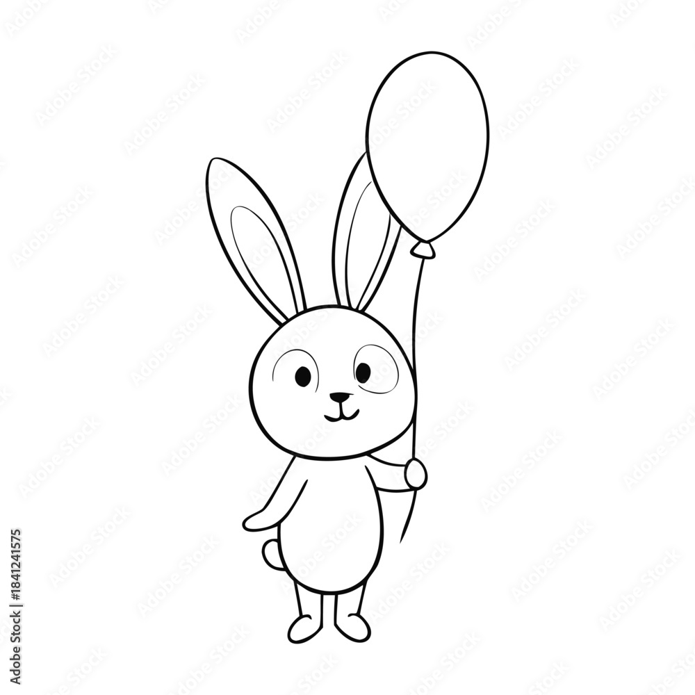 Obraz premium A cute little rabbit holds a pink balloon, standing happily with a sweet smile. Simple outlines and charming details make this coloring page perfect for kids and creativity.