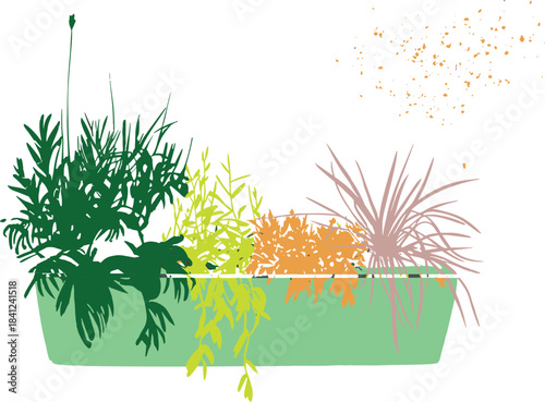 Assorted Succulent and Grass Plants in a Long Green Planter with Orange Splatter Keywords: plants, planter, succulents, grasses