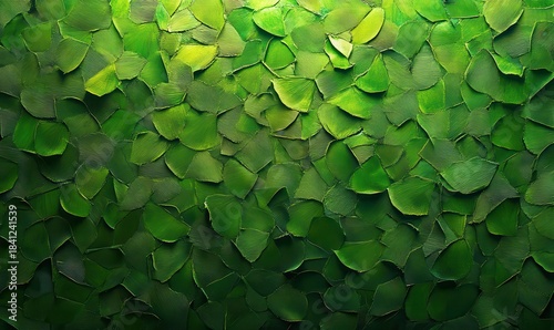 Abstract pattern of vivid green leaves forming a natural texture, illuminated by bright natural light, creating a vibrant organic background,