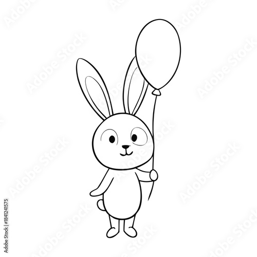 A cute little rabbit holds a pink balloon, standing happily with a sweet smile. Simple outlines and charming details make this coloring page perfect for kids and creativity.