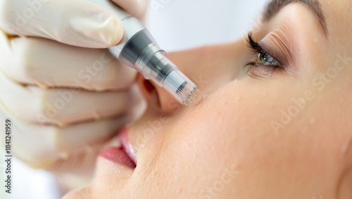 Extreme close-up of a professional cosmetologist performing a microneedling skin treatment on a Caucasian woman's face using a dermapen under bright soft natural light