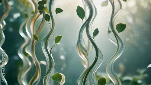 Lush natural growth footage of shimmering, artistic tendrils gracefully intertwining with verdant leaves, creating a mesmerizing blend of organic and conceptual beauty