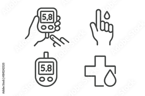 Collection of outline icons for blood glucose measurement, finger prick, and diabetes monitoring tools