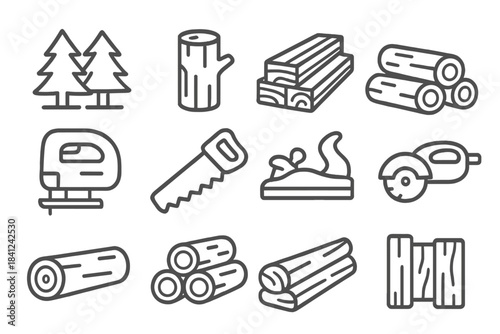 Outline icons representing forestry, lumber, carpentry tools, and wood materials