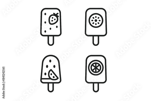 Minimalist black and white outline design featuring various fruit flavored popsicles for summer desserts