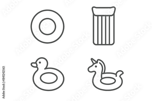 Inflatable pool floats and swimming accessories including ring, mattress, duck, and unicorn toys