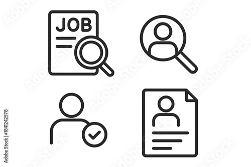 Job search and recruitment process symbols showing resume review, candidate selection, and application