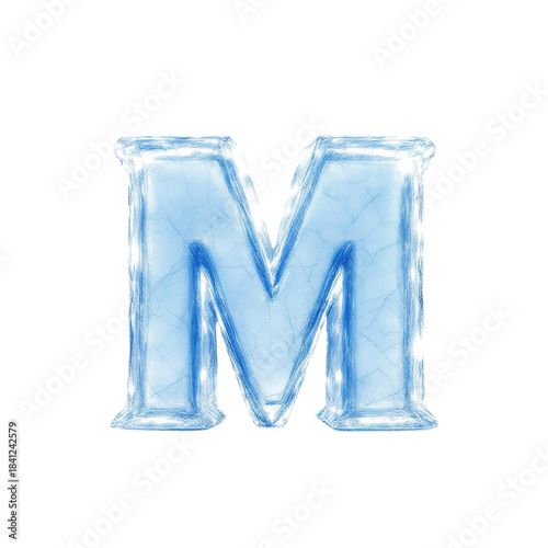 Icy letter M with translucent blue tones and frozen textures vector illustration on white background