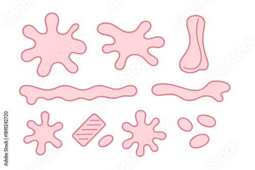 Various pink chewing gum splatters and sticky residue shapes isolated on white background