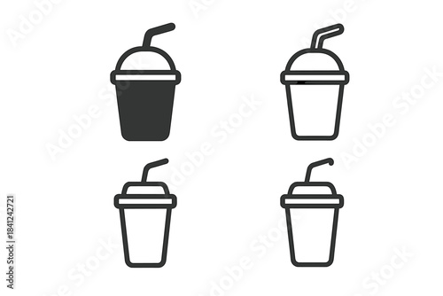 Set of disposable plastic cups with dome lids and straws in outline and filled styles