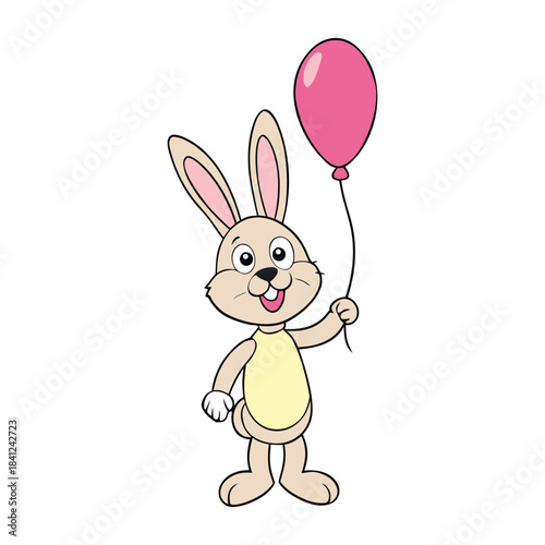 A fluffy white rabbit holds a bright pink balloon, its big ears perked and eyes sparkling. Soft pastel tones give the scene a sweet, cheerful charm, full of warmth and whimsy.
