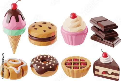 Large Assortment of Realistic Cookie Vector Illustration Set, Featuring Chocolate Chip, Sandwich, M&M, and Jam Cookies with Decorative 'COOKIES' Text.