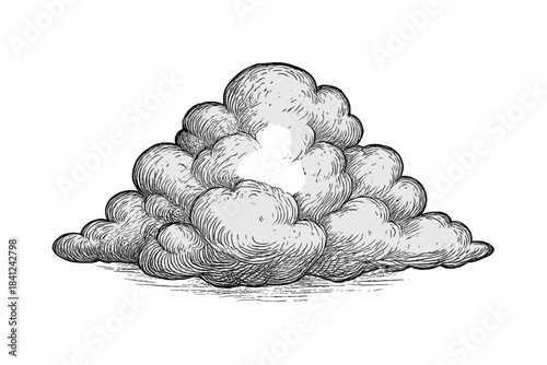 Stylized black and white puffy cumulus cloud in antique engraving style
