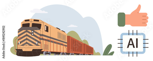 Freight train moving on tracks, thumbs-up gesture, AI processor chip. Ideal for technology, transport, automation, AI progress, approval efficiency and innovation themes. Simple flat metaphor