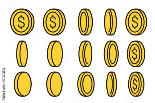 Gold dollar coins rotating sequence showing various angles of currency movement