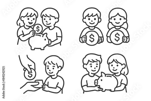 Young people saving money, putting dollar coins into a piggy bank, and managing personal finance