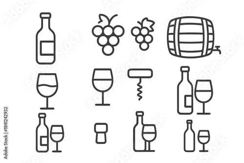 Minimalist line symbols of wine culture elements: bottle, glass, grapes, barrel, and corkscrew