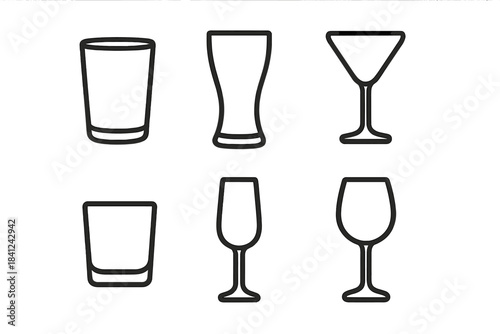 Set of minimalist black outline style symbols representing various types of beverage glasses and drinkware