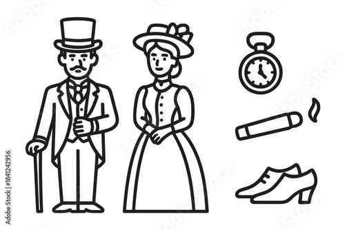 Elegant Victorian Couple in Formal 19th Century Attire and Vintage Accessories