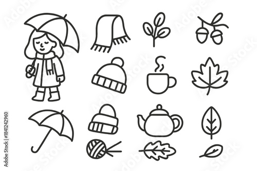 Minimalist line icons representing autumn and winter elements like warm clothes, hot beverages, and fall leaves