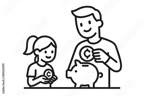 Parent teaching child about saving money by putting coins in a piggy bank