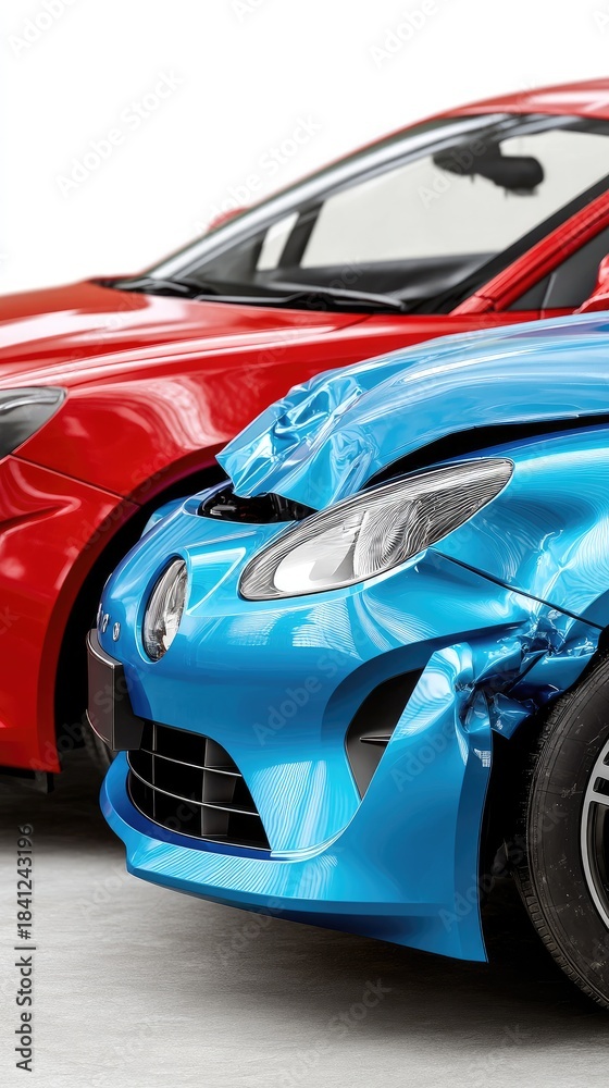 Naklejka premium Two cars in an accident showing damage to a blue car and a red car on a white background captured with a Canon EOS R5 at f2