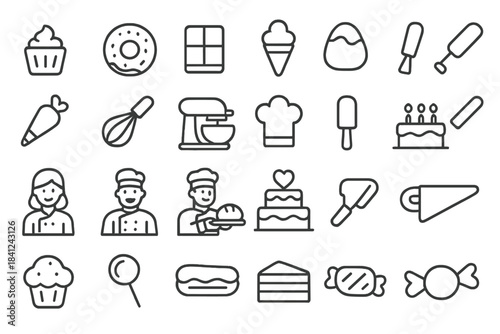 Outline symbols of bakery goods, sweet desserts, pastry items, and professional chefs