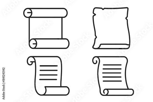 Outline symbols of rolled paper, ancient parchment, and historical document scrolls