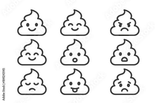 Nine simple outline poop characters showing various emotions and feelings