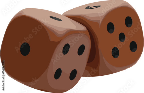 Vector Illustration of Two Brown Wooden Dice Showing Numbers One, Two, Three, Five, and Six, Representing Gambling, Board Game, Fun, and Chance Elements.