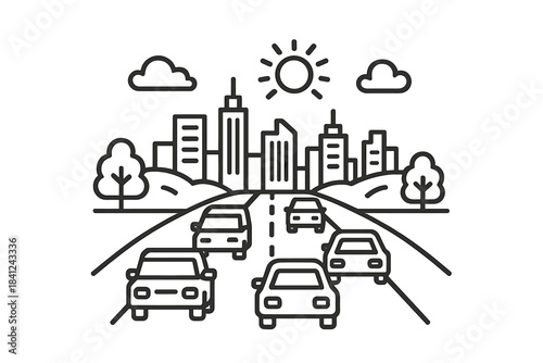 Busy highway traffic approaching a modern city skyline with tall buildings on a sunny day