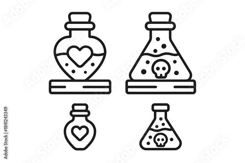 Magic potions in glass bottles, including love elixir and toxic poison symbols