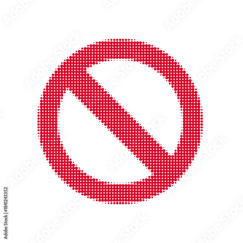 Halftone prohibition symbol showing a red no sign in retro dotted style, isolated on white background.