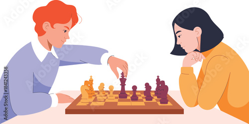 Vector Illustration of Two Women Playing Competitive Chess, Highlighting Strategic Thinking, Intellectual Challenge, Concentration, and Leisure Activity.