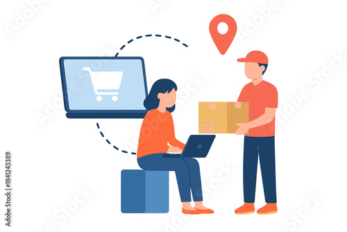 Customer receiving package from delivery worker after completing online purchase
