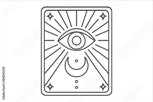 Mystical esoteric card design featuring all-seeing eye, crescent moon, and radiating sun rays